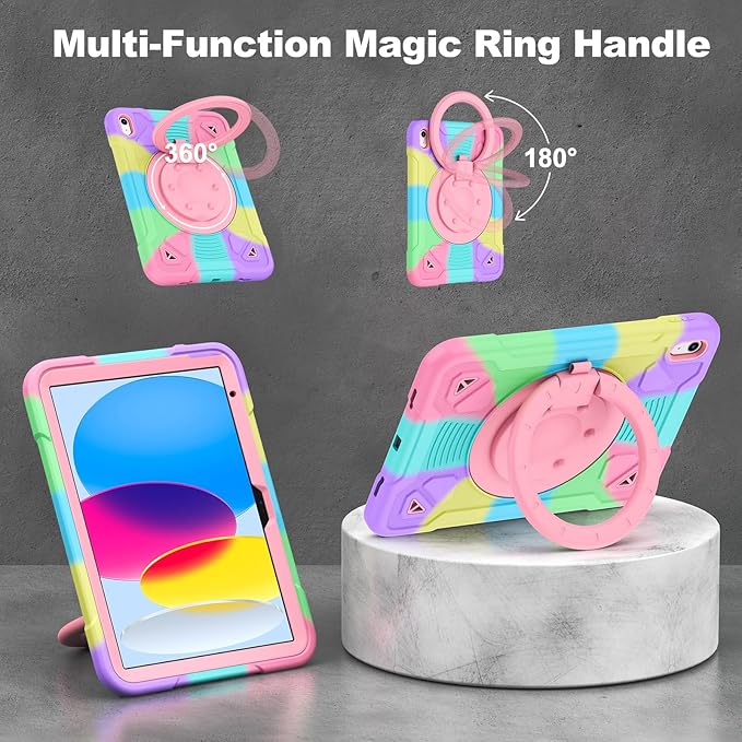 DreamerX for iPad (A16) 11th/10th Generation 11''/10.9'' 2025/2022 Case Full-Body Drop Protection Kids Cover with Screen Protector 360° Rotate Stand Handle Shoulder Strap Pencil Holder Colorful Pink