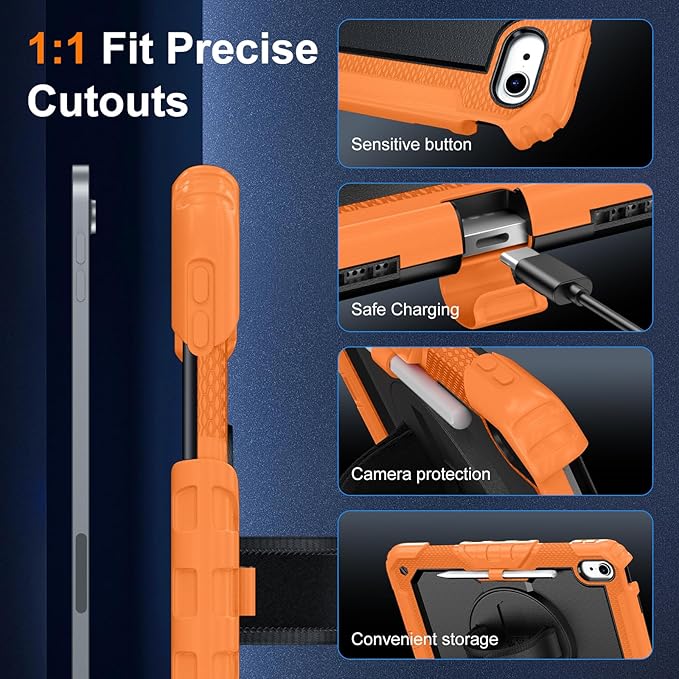 Case for iPad (A16) 11th Generation 11 Inch (2025) Ubearkk for iPad 10th Generation 10.9 inch 2022 case with Screen Protector 360 Degree Rotating Stand/Shoulder Strap/Pencil Holder Orange