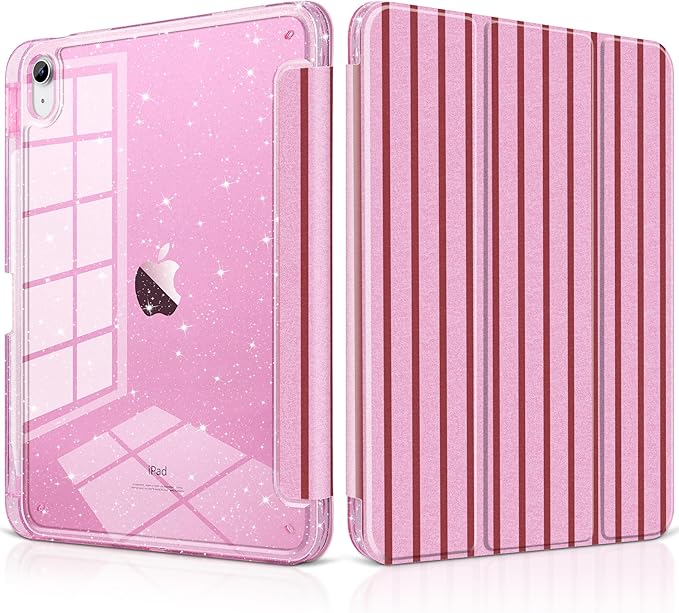 DONGKE for iPad Pro 11 inch Case – Fits M5 2025 / M4 2024 Shockproof Sparkling Glitter Acrylic Back Pencil Holder Trifold Stand Auto Sleep/Wake &amp Touch ID Support - Pink Stripes