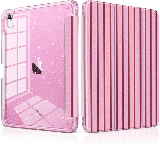 DONGKE for iPad Pro 11 inch Case – Fits M5 2025 / M4 2024 Shockproof Sparkling Glitter Acrylic Back Pencil Holder Trifold Stand Auto Sleep/Wake &amp Touch ID Support - Pink Stripes