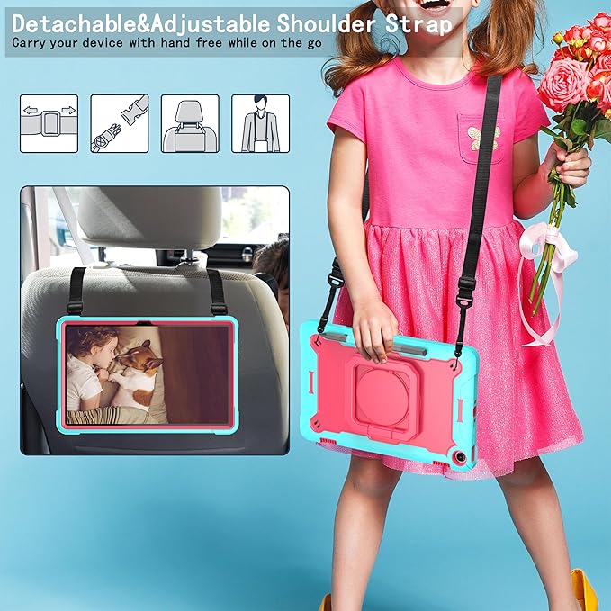Case for Amazon Fire Max 11 inch Tablet (13th Generation 2023 Release) Hybrid Shockproof 360 Rotating Multi-Functional Ring Stand Case with Shoulder Straps (Teal/Pink)