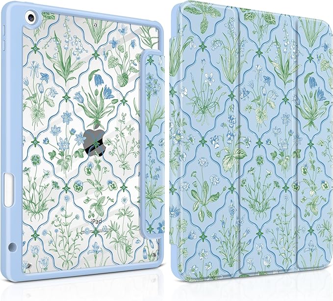DONGKE for iPad 9th/8th/7th Generation Case 10.2 Inch (2021/2020/2019) [Auto Sleep/Wake &amp Pencil Holder] Clear Acrylic Back Trifold Stand Cover Lattice Floral
