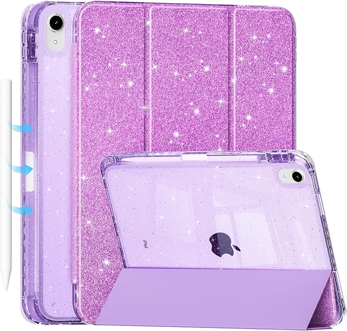 Tuiklol Sparkly Case for iPad (A16 Chip) 11th Gen 11 inch 2025 / iPad 10th Gen 10.9 inch 2022 Built in Pencil Holder with Glitter Clear Back Shell Cover Trifold Stand Auto Wake/Sleep Sparkly-Purple