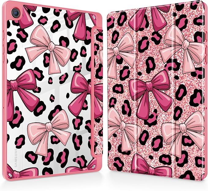 Tuiklol for Samsung Galaxy Tab A9+ Tablet 11” / A9+ Plus 2024 2023Buit-in S-Pen Holder with Clear Protective Cover Transparent Back Shell Auto Wake/Sleep Samsung Tab A9 Plus CoverLeopard Print Bow