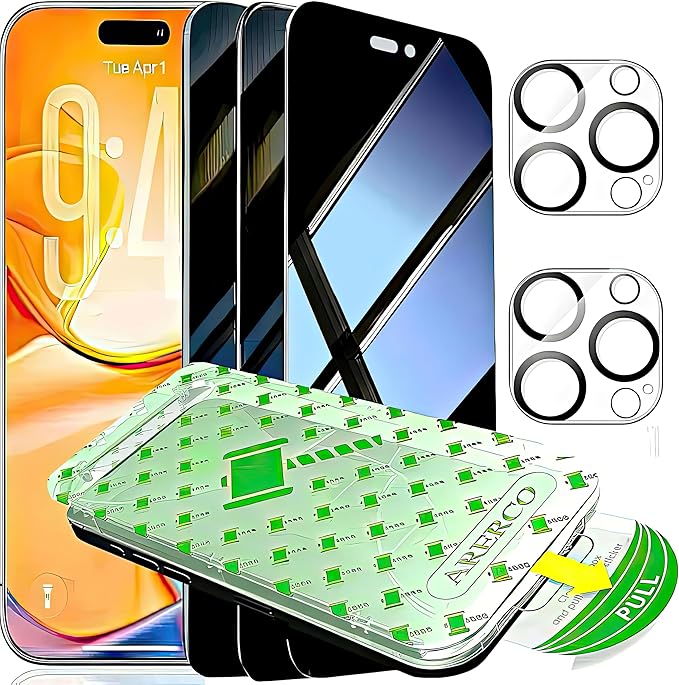 3 Pack for iPhone 16 Pro Privacy Screen Protector + 2 Camera Lens Protector 9H+ Tempered Full cover Glass 12FT Military Grade Shatterproof 100% Anti Spy Auto Alignment Kit