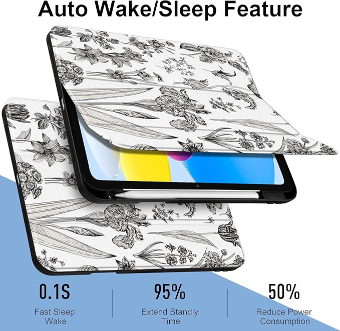 DONGKE Case for iPad (A16) 11th Generation 11 inch 2025 &amp iPad 10th Gen 10.9 inch 2022 [Built-in Pencil Holder] Clear Acrylic Back Trifold Stand Smart Cover Auto Sleep/Wake Black Florals