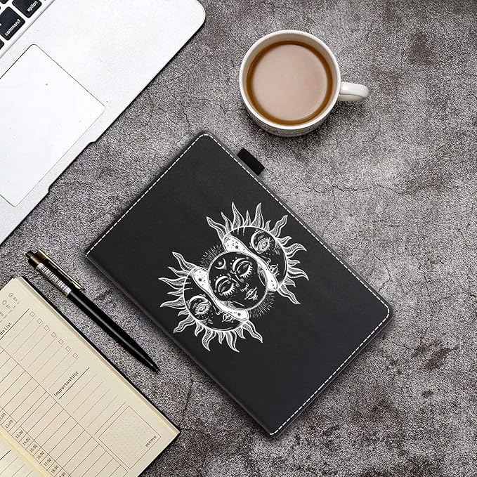 Case for All-New Kindle Fire 7 Tablet (7 12th Generation 2022 Release) Moon and Sun with Many Fractal Faces Celestial Energy Mystic Art PU Leather Folio Case with Smart Auto Wake/Sleep