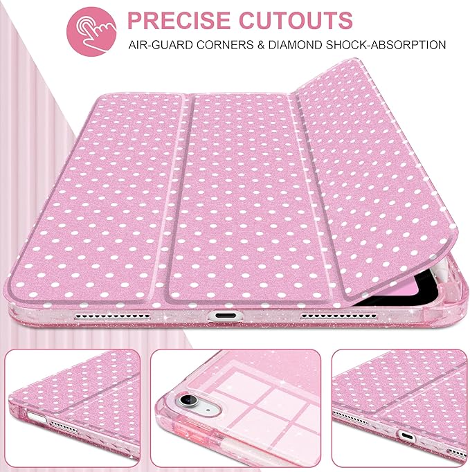 MEEgoodo Case for iPad A16 11th Generation 2025/10th Generation 2022 Glitter Tablet Cases with Transparent Acrylic Back+Trifold Stand +Pencil Holder+Auto Wake/SleepCherry Blossom Pink&ampPolka Dots