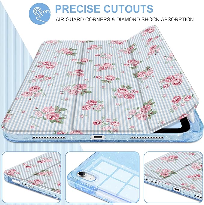 DONGKE for iPad Case 9th/8th/7th Generation 10.2 Inch (2021/2020/2019) Shockproof Glitter Acrylic Back with Trifold Stand Pencil Holder &amp Auto Sleep/Wake - Tiny Roses