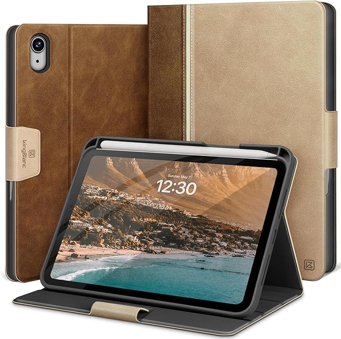 KingBlanc Case for iPad mini 7 (A17 Pro) iPad mini 7th/6th Generation (2024/2021 8.3 inch) with Pencil Holder Vegan Leather Stand Cover Auto Sleep/Wake Adjustable Viewing/Drawing Angle Beige