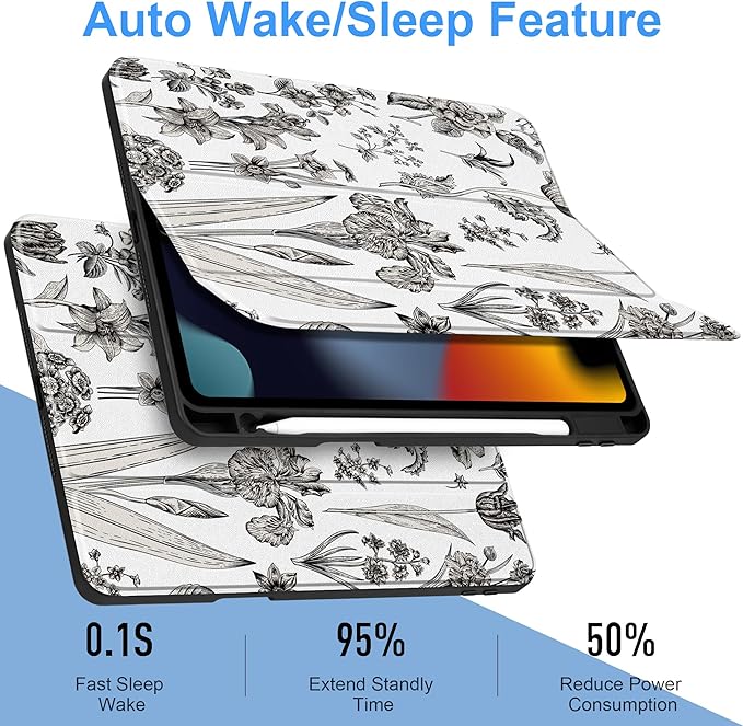 DONGKE for iPad 9th/8th/7th Generation Case 10.2 Inch (2021/2020/2019) [Auto Sleep/Wake &amp Pencil Holder] Clear Acrylic Back Trifold Stand Cover Black Florals