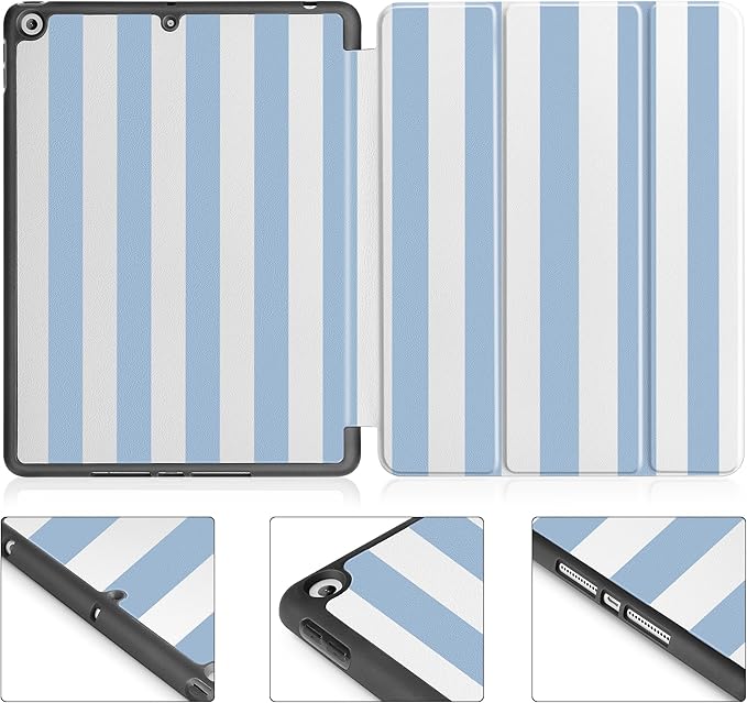 Tuiklol Case for iPad 10.2 Inch 2021 2020 2018 Release 9th / 8th / 7th Generation Built-in Pencil Holder TPU Protective Stand Back Cover Trifold Stand-Auto Wake/Sleep Striped Blue