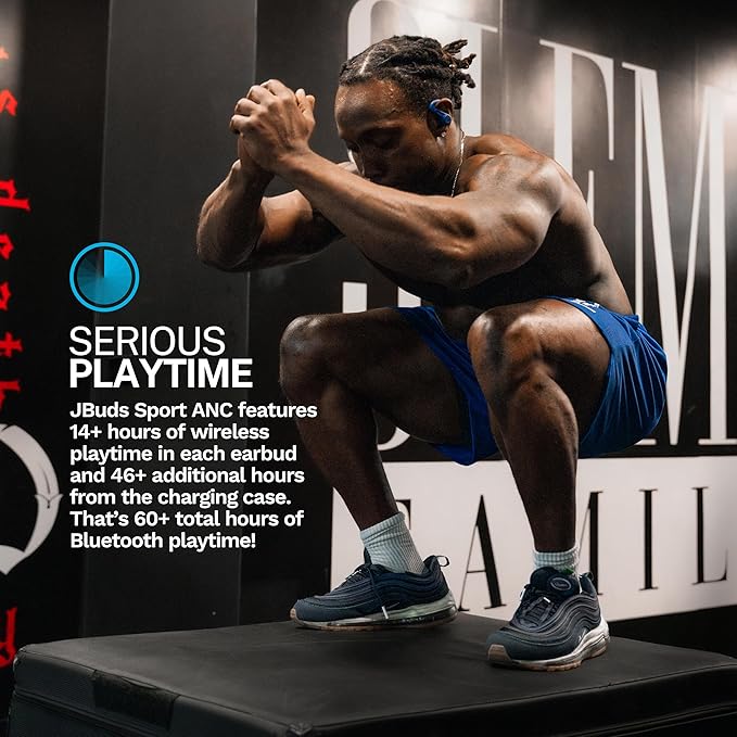 JLab JBuds Sport ANC 4 True Wireless Bluetooth Earbuds + Charging Case Cobalt Blue Swipe + Touch Controls Hybrid Active Noise Cancelation Multipoint Connect Customized Settings App