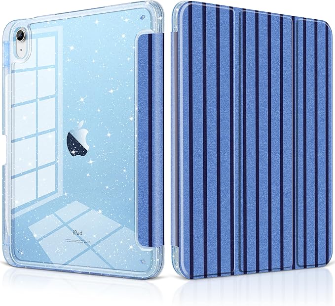 DONGKE for iPad Pro 11 inch Case – Fits M5 2025 / M4 2024 Shockproof Sparkling Glitter Acrylic Back Pencil Holder Trifold Stand Auto Sleep/Wake &amp Touch ID Support - Dark Blue Stripes