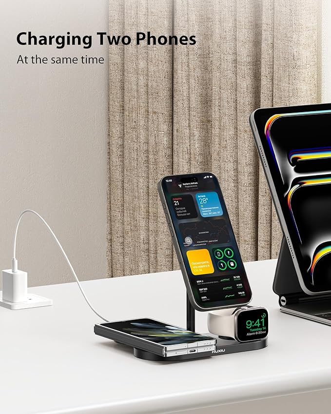 KU XIU Aluminum Alloy 3 in 1 Charging Station for Apple Magnetic Wireless Charger Stand for iPhone 16/15/14/13/12 Series 5W Fast Wireless Travel Charger for Apple Watch 9/8/7/SE Series Airpods