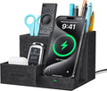 Wireless Charger with Desk Organizer Pen Pencil Holder Multifunctional Desktop Organizer Office Supplies and Desk Accessories Organizer with 3 Compartments and 1 Phone Stand PU Black