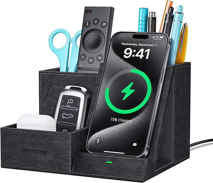 Wireless Charger with Desk Organizer Pen Pencil Holder Multifunctional Desktop Organizer Office Supplies and Desk Accessories Organizer with 3 Compartments and 1 Phone Stand PU Black
