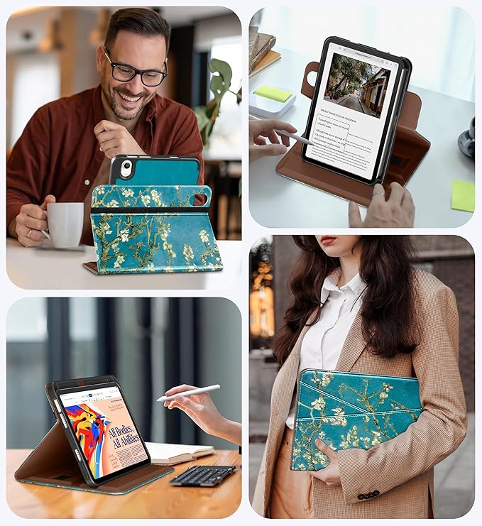 DTTO for iPad mini 7 (A17 Pro) Case iPad mini 7th / 6th Generation Case (2024/2021) 360 Degree Rotating Premium Leather Folio Stand Cover with Pencil Holder Blossom