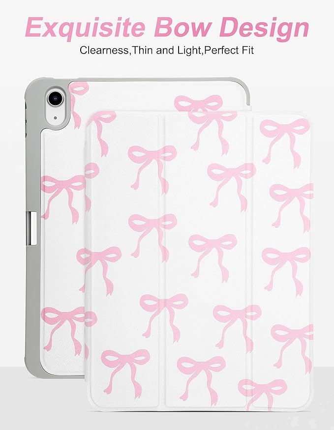Compatible with iPad 11th (11-Inch A16 2025) iPad 10th (10.9-Inch 2022) Generation Case with Pencil Holder Cute Bow Aesthetic Design Soft TPU Trifold Stand Protective Pink