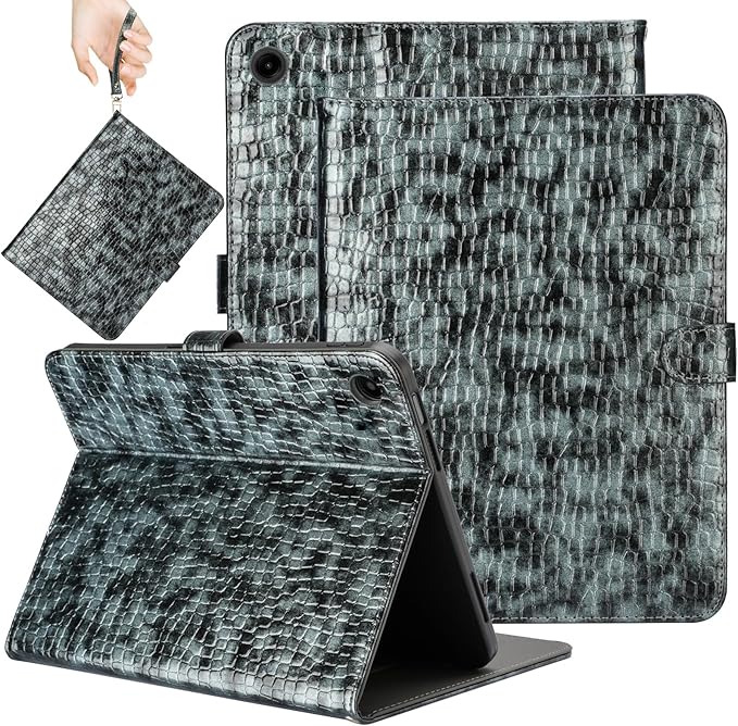 Elegant Case for Samsung Galaxy Tab A9 Plus 11 Inch 2023（Model: SM-X210/X216/X218） Premium Leather Crocodile Cover | Stand | Card Pockets| Wrist Strap| S Pen Holder(Black+Gray)