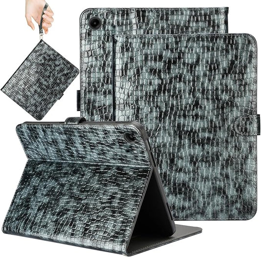 Elegant Case for Samsung Galaxy Tab A9 Plus 11 Inch 2023（Model: SM-X210/X216/X218） Premium Leather Crocodile Cover | Stand | Card Pockets| Wrist Strap| S Pen Holder(Black+Gray)