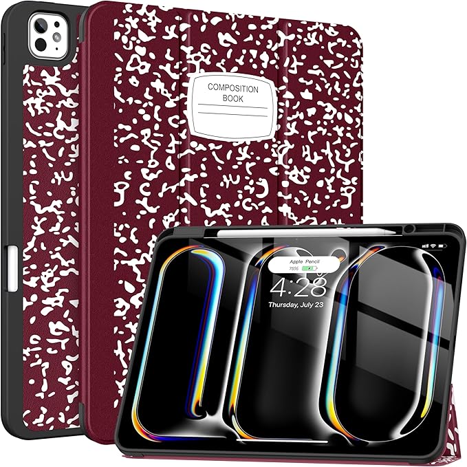 Soke Case for New iPad Pro 13 Inch (M5/M4 2025/2024 Release) with Pencil Holder Trifold Stand Shockproof [Support Apple Pencil Charging + Auto Wake/Sleep] Soft TPU Back Cover Book Wine