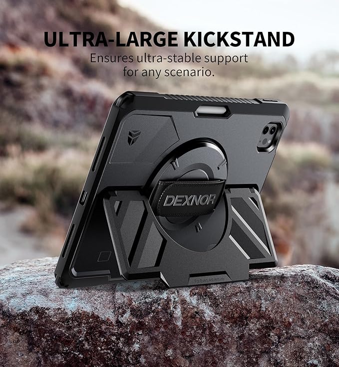 Dexnor Case for iPad Pro 11 inch 4th/3rd/2nd/1st Gen (2022/2021/2020/2018)Rugged Protective Case with 360° Rotating Hand Strap &amp Stand &amp Screen Protector &amp Pencil Holder Shockproof Bumper