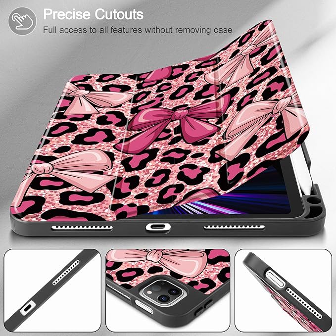 May Chen Case for iPad Pro 11 inch (4th 3rd 2nd &amp 1st Gen) 2022 2021 2020 2018Trifold Stand with Auto Wake/Sleep Soft TPU Protective Stand Back Cover Leopard Print Bow