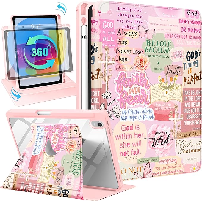 for iPad A16 Case for iPad 10th Generation Case 10.9 inch - 360 Degree Rotating Stand Folio Smart Cover with Pencil Holder for Women Girl Christian Words for Apple Tablet 10th 2022/11th 2025