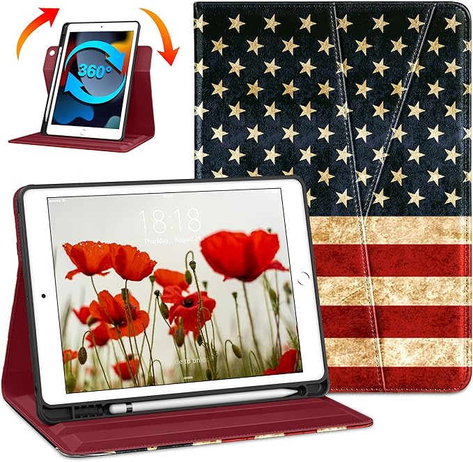 DTTO Rotating Case for iPad 9th/8th/7th Generation 10.2 Inch 2021/2020/2019 360 Degree Swiveling Premium Leather Folio Stand Cover with Pencil Holder - Auto Wake/Sleep and Hand Strap US Flag