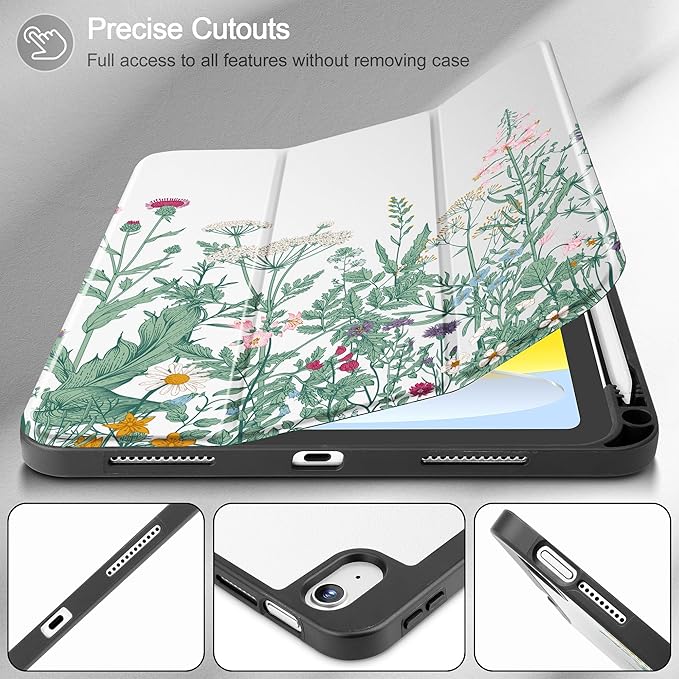 May Chen for iPad (A16) 11th Generation Case 11 Inch 2025 iPad 10th Gen Case 2022 10.9 inch Trifold Stand with Auto Wake/Sleep Soft TPU Protective Stand Back Cover Herbs Flowers
