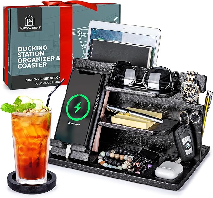 Black Wood Phone Docking Station - Wood Charging Station Organizer Stand Bedside Nightstand Organizer for Men and Women Holds Phone Tablet Keys Glasses EDC and more