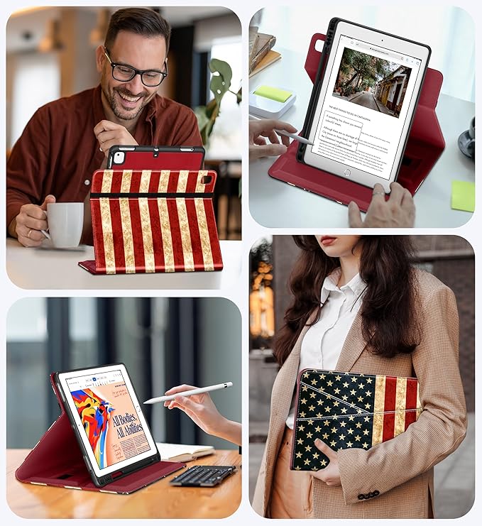 DTTO for iPad 6th / 5th Generation 9.7 Inch (2018/2017) iPad Air 2 / Air 1 Case 360 Degree Rotating Premium Leather Folio Stand Cover with Pencil Holder US Flag