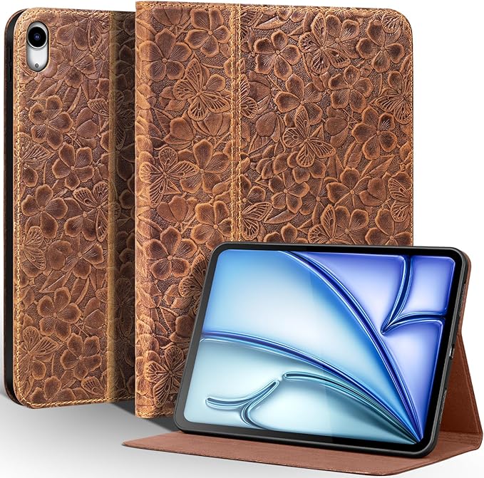 Leather Case for iPad Air 11 Inch M3 2025/ M2 2024iPad Air 10.9 Inch Case 5th/4th Gen. 2022/2020 Full Grain Leather CoverProtective Smart Folio with Auto Sleep/Wake Brown Flower