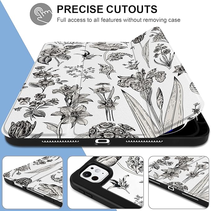 DONGKE for iPad Pro 11-Inch Case (M5 2025 / M4 2024) 6th/5th Generation [Auto Sleep/Wake &amp Pencil Pro Holder] Clear Acrylic Back Smart Trifold Stand Cover Black Florals