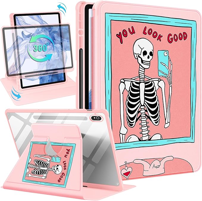 for Samsung Galaxy Tab S10 Fe Case - Tab S9 Fe/S9 Case with Pencil Holder Women Girls Cute Girly Pretty Skeleton Unique Aesthetic Design Teens Rotating Tablet Cases Cover