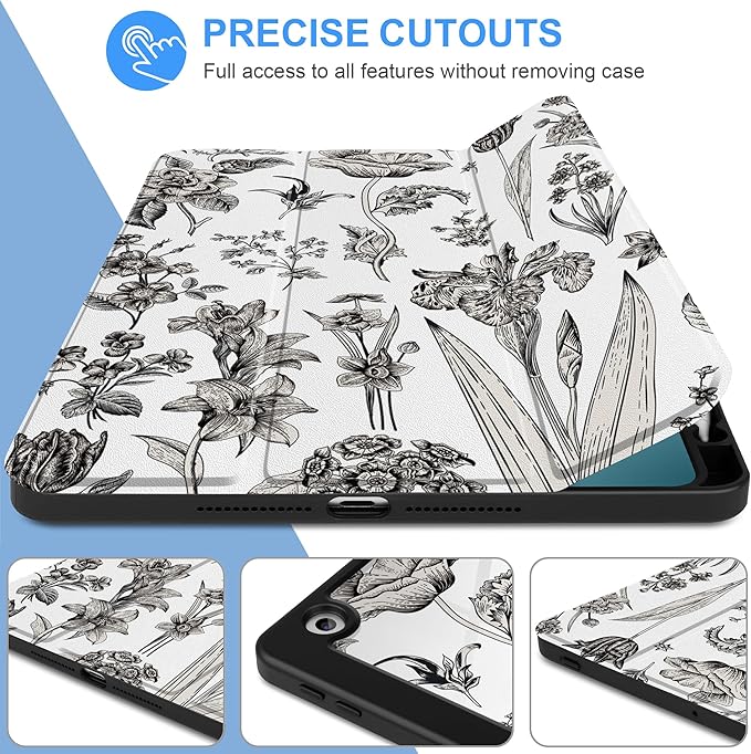 DONGKE for iPad 9th/8th/7th Generation Case 10.2 Inch (2021/2020/2019) [Auto Sleep/Wake &amp Pencil Holder] Clear Acrylic Back Trifold Stand Cover Black Florals