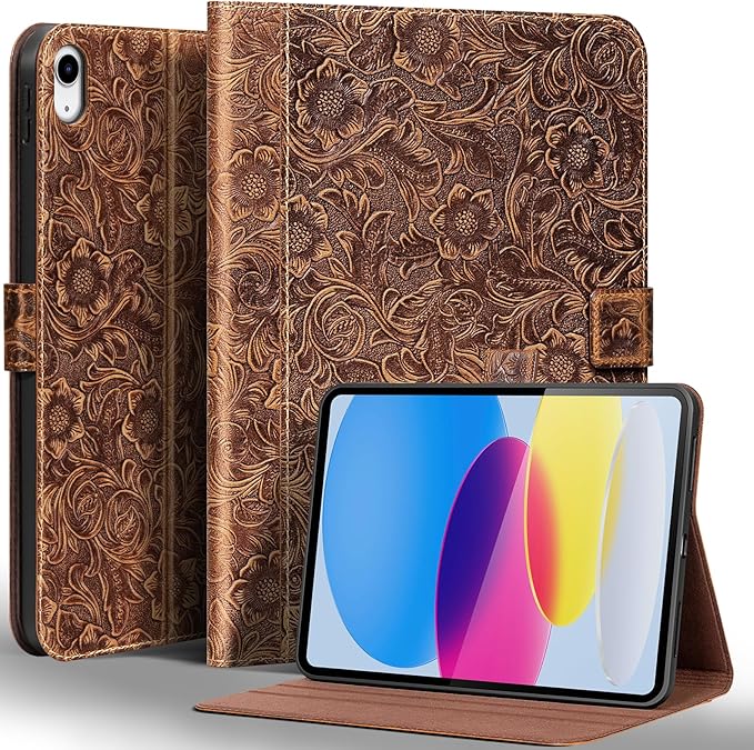 Gexmil Leather Case for iPad (A16) 11th Generation 11 Inch 2025 iPad 10th Generation 10.9 Inch 2022Protective Cover with Magnetic ClosureAuto Sleep/WakeFloral Brown