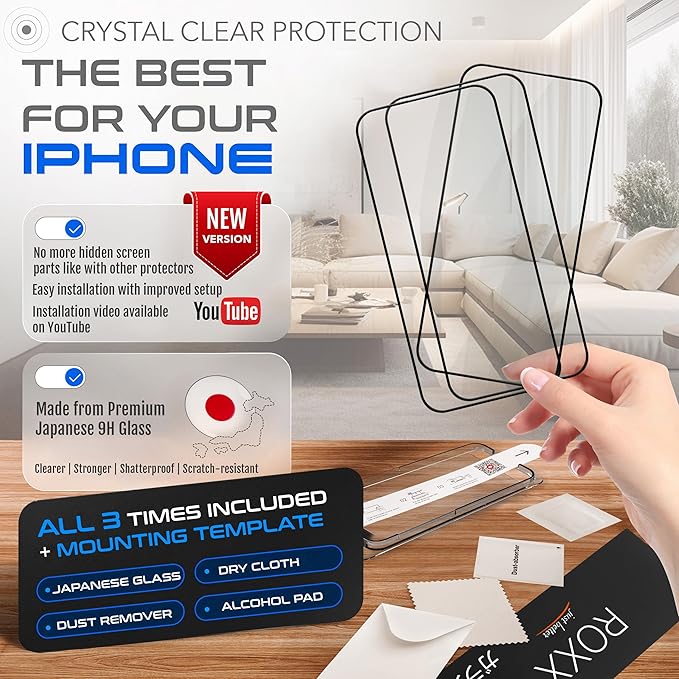 ROXX NEO Japanese 9H 3D Screen Protector (3-Pack) | Does Not Cover the Display | For iPhone 17 Pro Max | Rounded Edges | Harder | Clearer | Scratch-Resistant | Shatterproof
