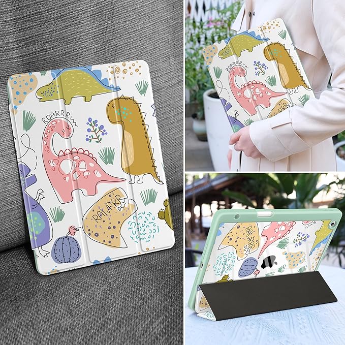 MEEgoodo Case for iPad 10.2 inchTablet Cases for iPad 9th Generation 2021/8th Gen 2020/7th Gen 2019 with Clear Acrylic Back Shell+Pencil Holder+Auto Wake/Sleep+Trifold Stand Funny Kids Dinosaurs