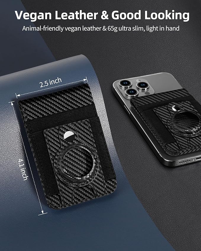 For Magsafe Wallet Stand with Airtag Holder Strongest Magnetic Wallet for iPhone 17/16/15/14/13/12 Series ID Window 4 Card Slots 10 Cards Holder Vegan Leather RFID Blocking Black Carbon Fiber