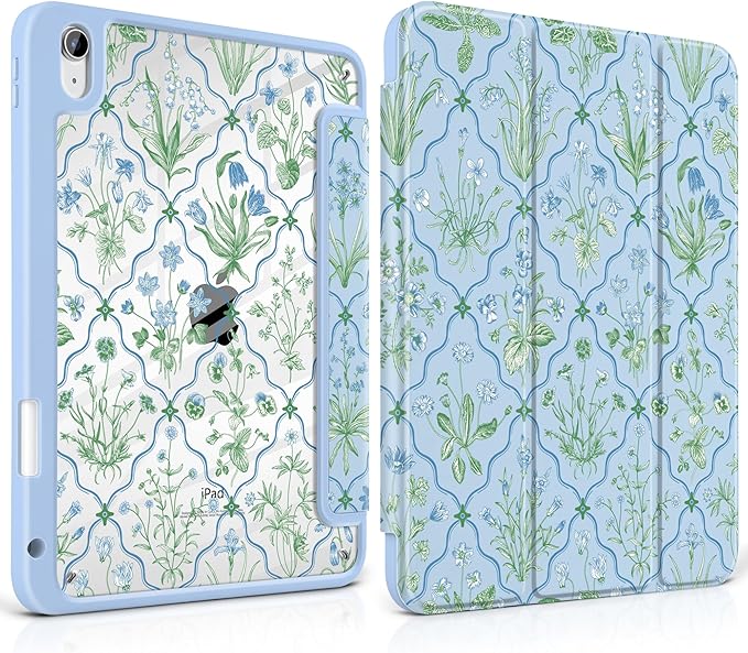 DONGKE Case for iPad (A16) 11th Generation 11 inch 2025 &amp iPad 10th Gen 10.9 inch 2022 [Built-in Pencil Holder] Clear Acrylic Back Trifold Stand Smart Cover Auto Sleep/Wake Lattice Floral