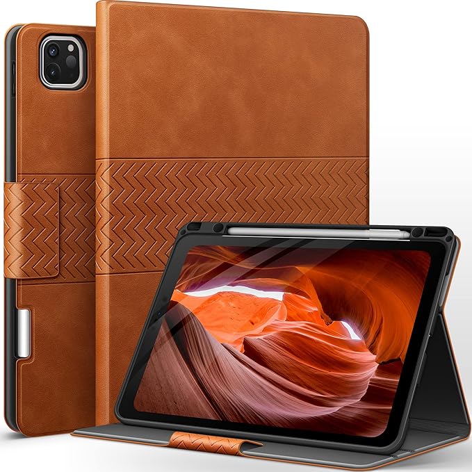 auaua Case for iPad Pro 12.9 6th/5th/4th/3rd Generation 2022/2021/2020/2018 Slim Durable Leather Stand Cover with Pencil Holder Auto Sleep/Wake (Brown)