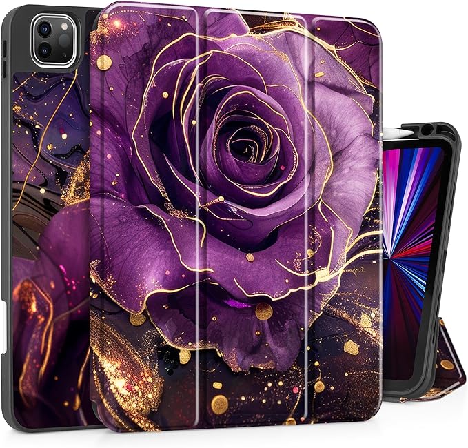 May Chen Case for iPad Pro 11 inch (4th 3rd 2nd &amp 1st Gen) 2022 2021 2020 2018 Trifold Stand + Pencil Holder + Auto Wake/Sleep + Soft TPU Protective Stand Back Cover Purple Roses