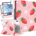 for Samsung Galaxy Tab S10 Fe Case - Tab S9 Fe/S9 Case with Pencil Holder Women Girls Cute Girly Pretty Strawberry Flowers Unique Aesthetic Design Teens Rotating Tablet Cases Cover