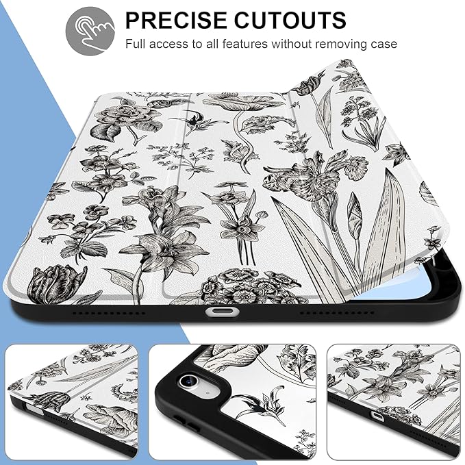 DONGKE Case for iPad (A16) 11th Generation 11 inch 2025 &amp iPad 10th Gen 10.9 inch 2022 [Built-in Pencil Holder] Clear Acrylic Back Trifold Stand Smart Cover Auto Sleep/Wake Black Florals