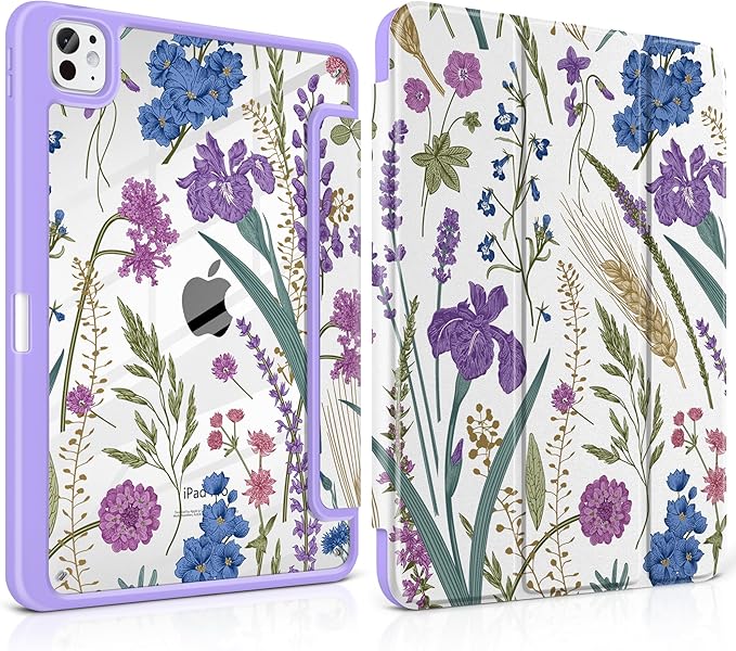 DONGKE for iPad Pro 11-Inch Case (M5 2025 / M4 2024) 6th/5th Generation [Auto Sleep/Wake &amp Pencil Pro Holder] Clear Acrylic Back Smart Trifold Stand Cover Purple Botanical Wildflower