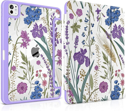 DONGKE for iPad Pro 11-Inch Case (M5 2025 / M4 2024) 6th/5th Generation [Auto Sleep/Wake &amp Pencil Pro Holder] Clear Acrylic Back Smart Trifold Stand Cover Purple Botanical Wildflower