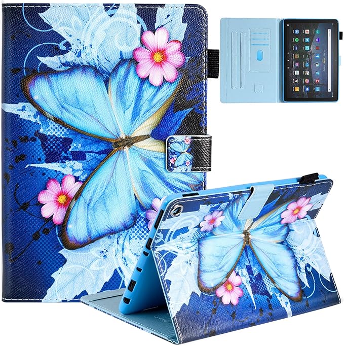 Dteck Case for All-New Fire HD 10 &amp HD 10 Plus Tablet (2021 Release 11th Generation) - Slim Multi-Angle Folio Stand Premium PU Leather Protective Smart Cover with Auto Wake Sleep Blue Butterfly