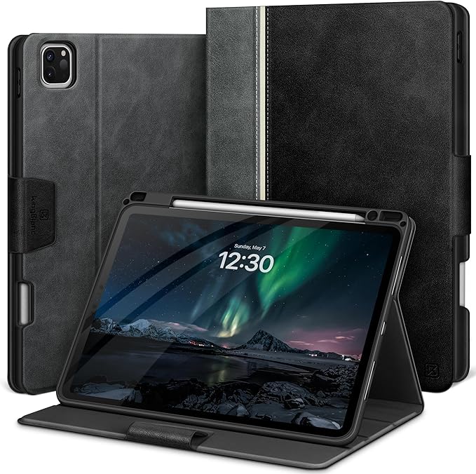 KingBlanc Case for iPad Pro 11 inch (M5 2025/M4 2024) with Pencil Holder Vegan Leather Smart Stand Cover Auto Sleep Wake Support Pencil Pro/(USB-C) Viewing/Typing Angle Durable Protection Black
